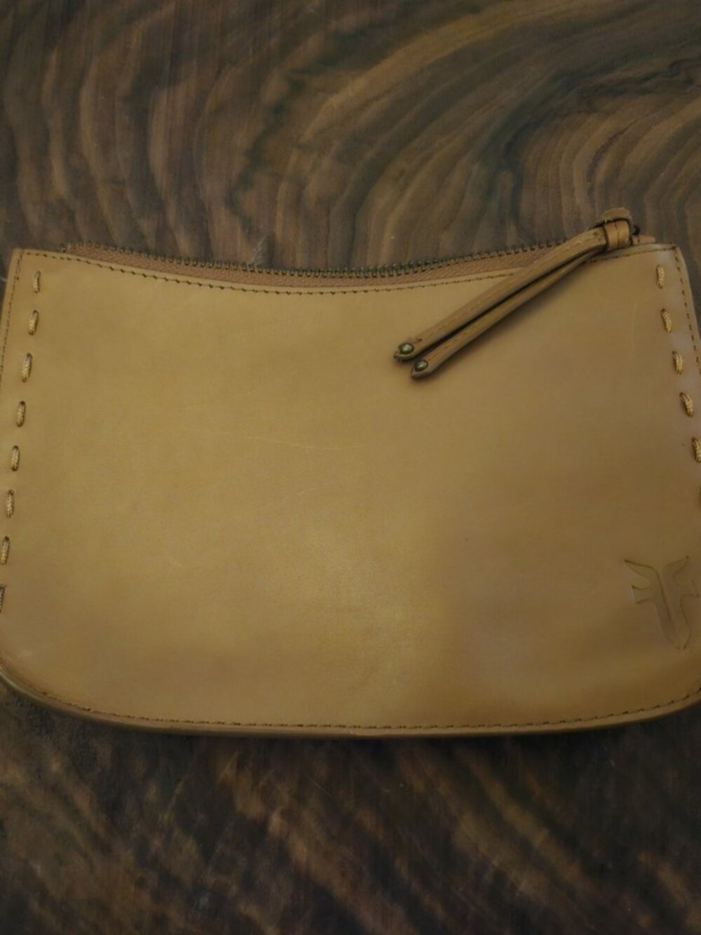 Frye Women's Brown Leather Bag Wristlet Style Clutch Bag Whipstitch Trim EUC